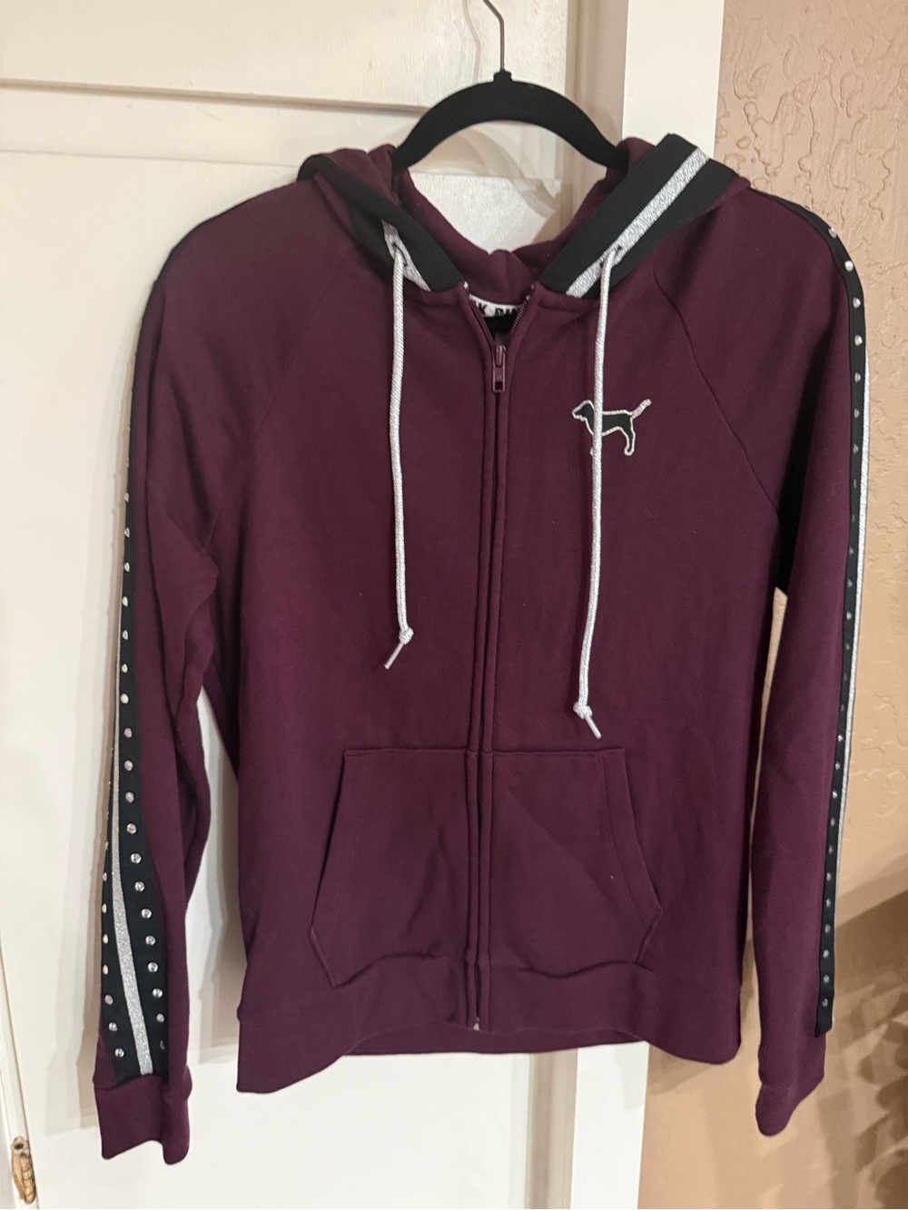 PINK Victoria's Secret Maroon Full-Zip Hoodie with Studded Stripe Sleeves